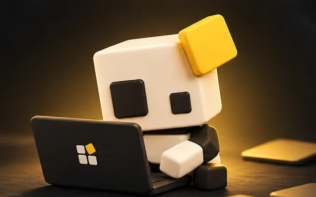 Bit, the Odd Bits mascot, a small block character with a yellow corner, typing on a laptop