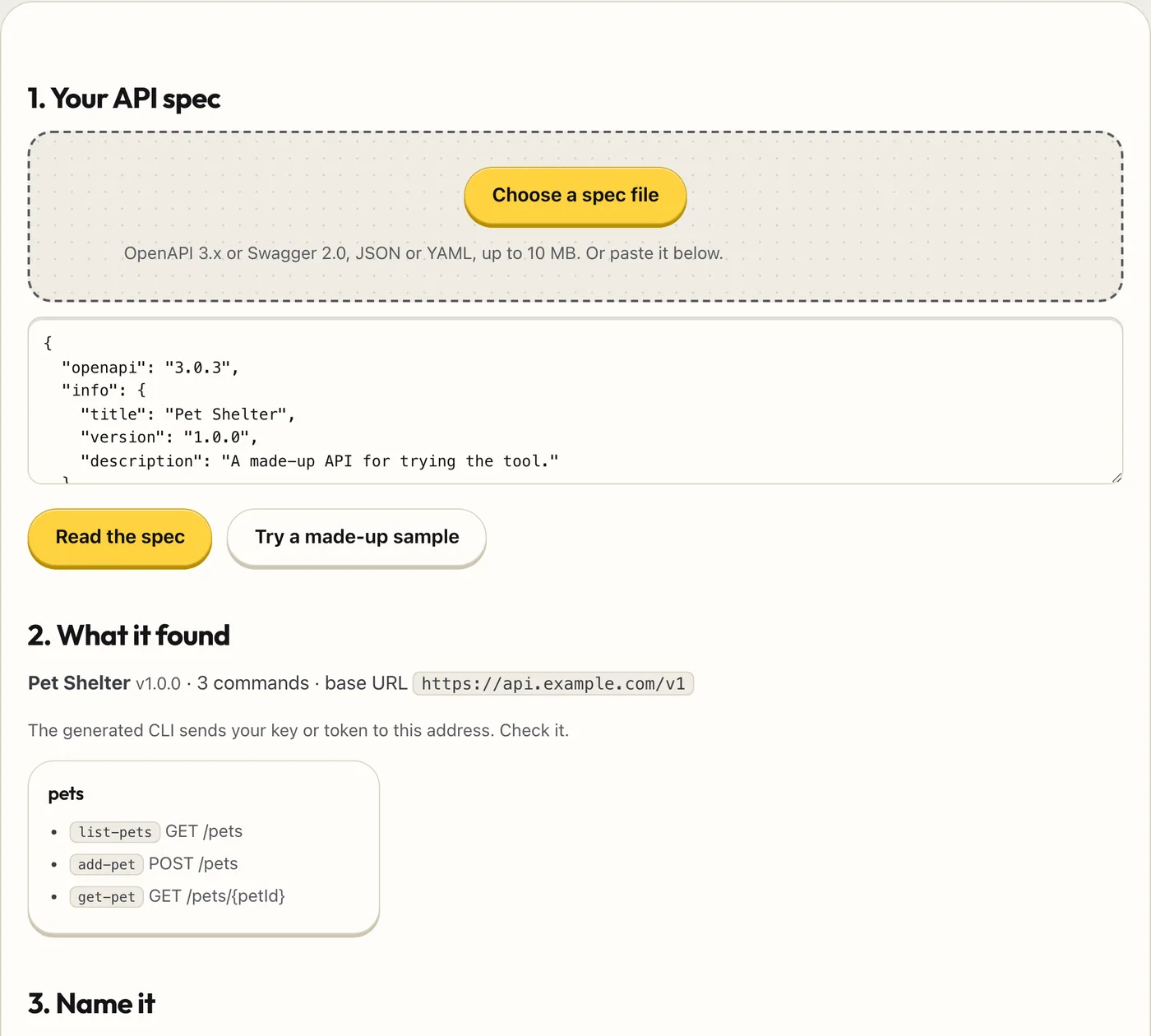 CLI Maker showing the command tree and generated code for a made-up API