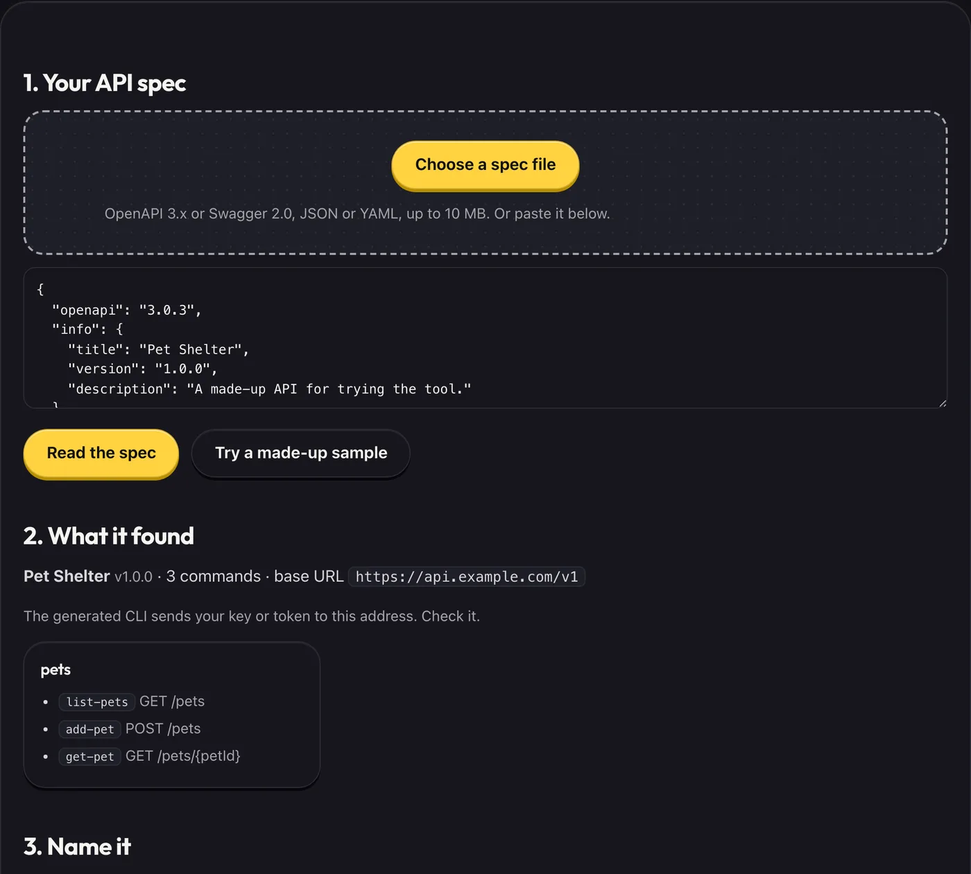 CLI Maker showing the command tree and generated code for a made-up API