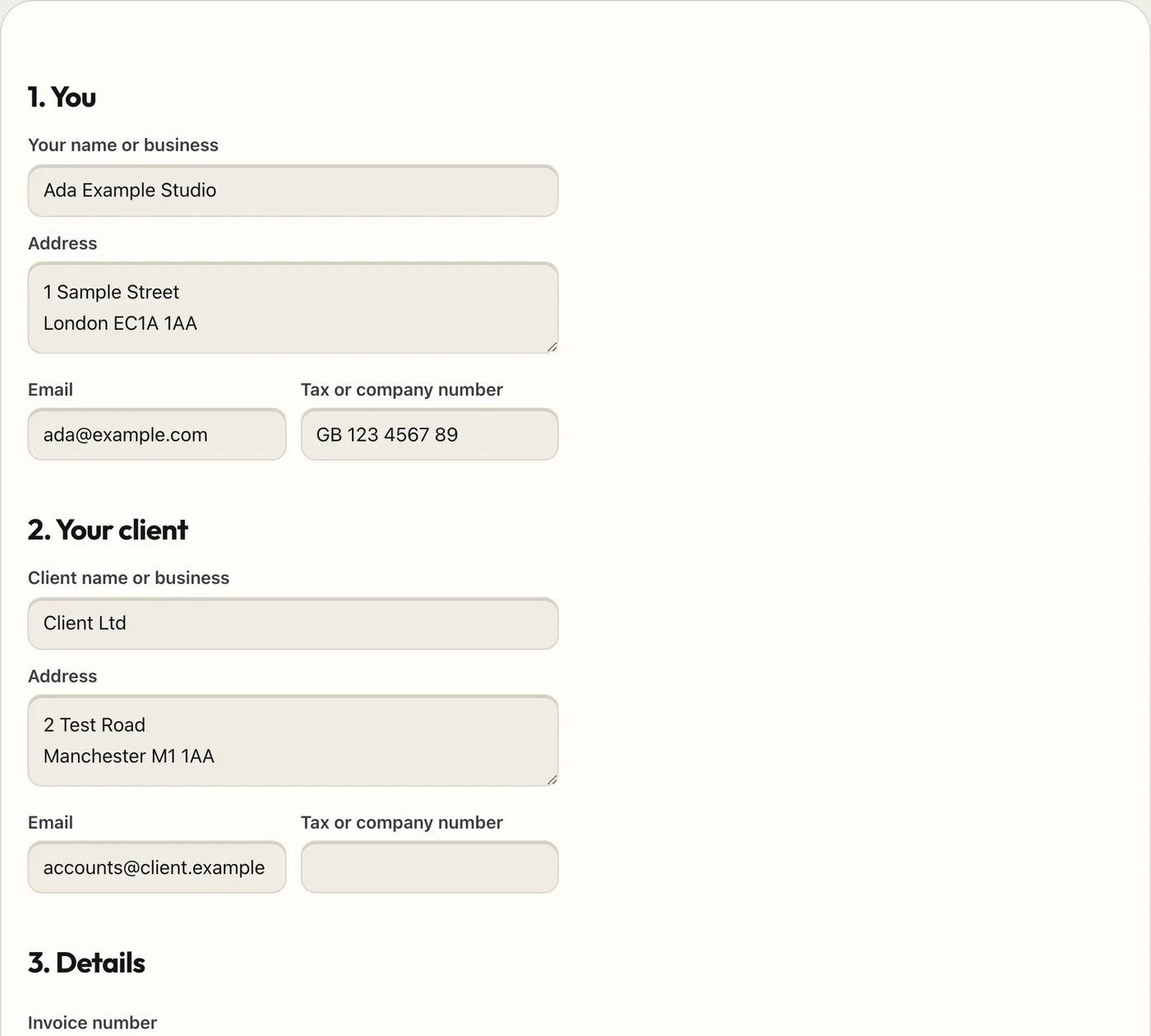 Invoice Maker with a made-up invoice filled in and its preview