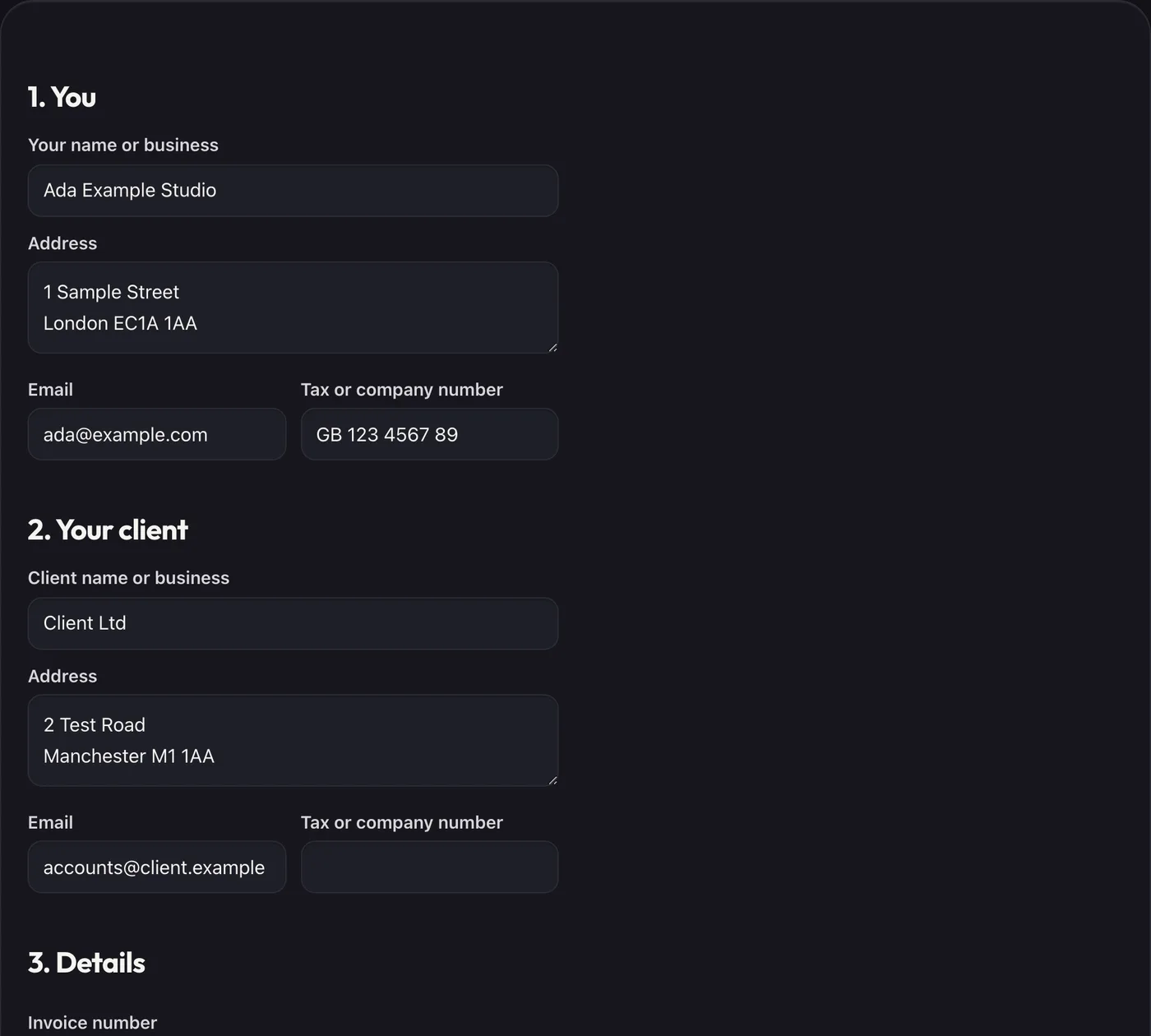 Invoice Maker with a made-up invoice filled in and its preview