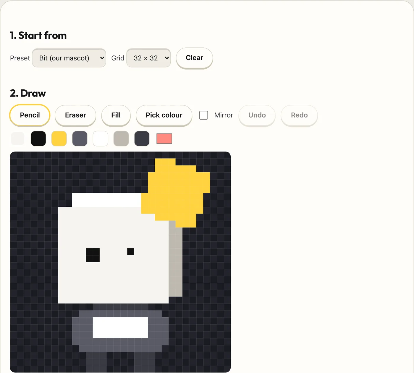 The Block Mascot Maker editor with Bit loaded