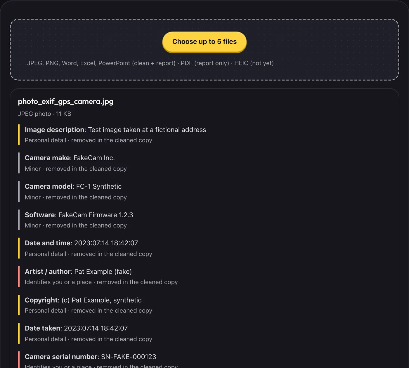 Privacy Leak Check listing the hidden details in a photo and a Word document