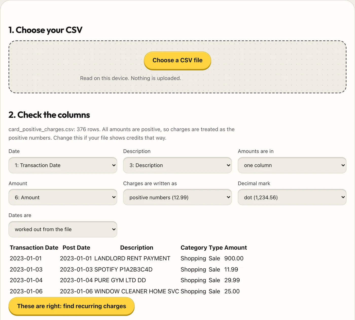 Subscription Sniffer showing recurring charges found in a made-up statement