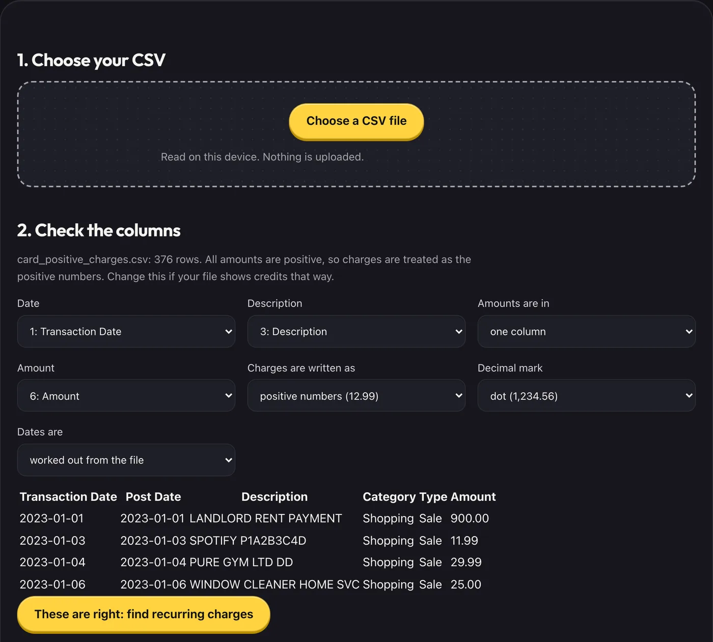 Subscription Sniffer showing recurring charges found in a made-up statement