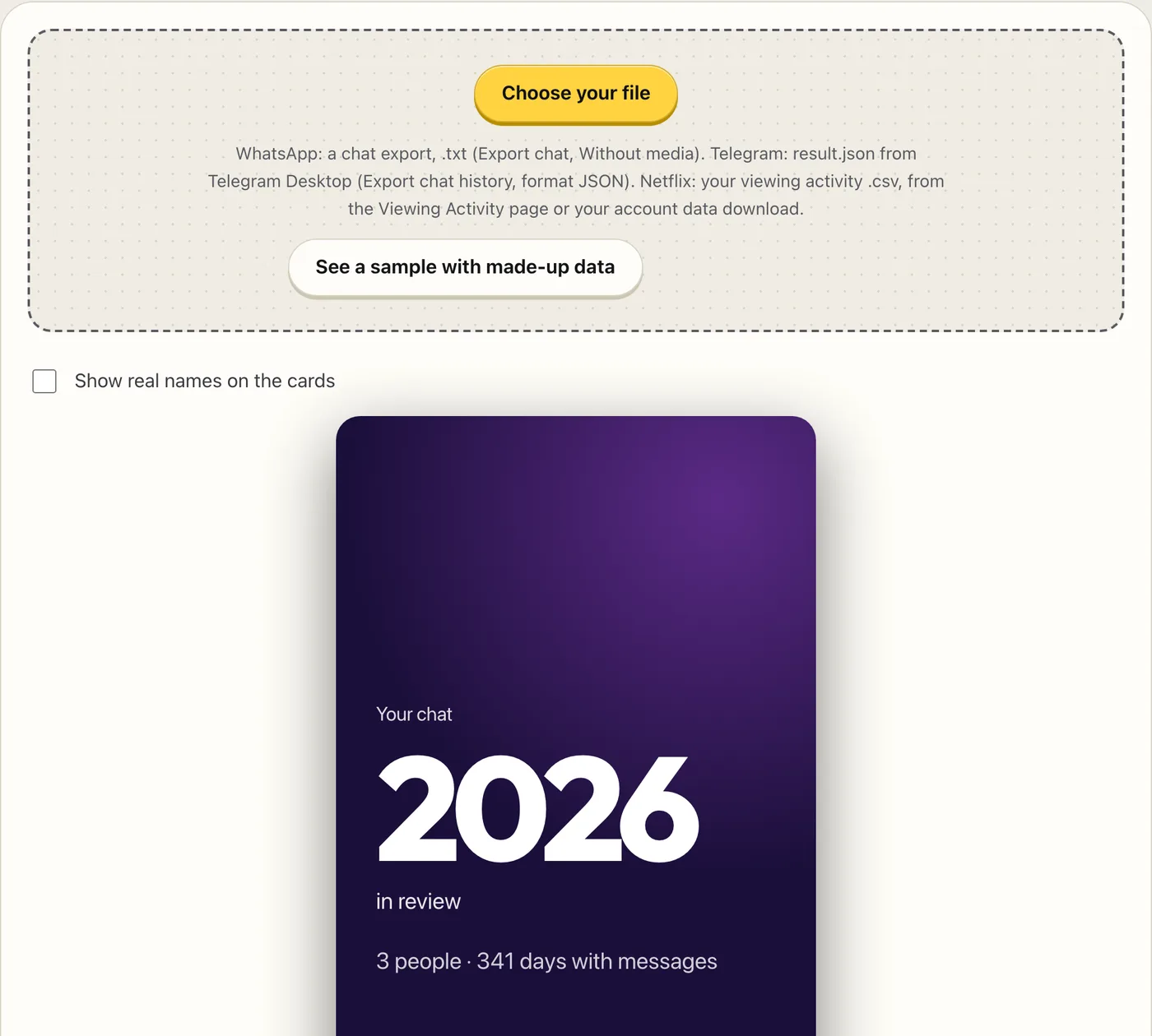 The Year in review cards, with a made-up chat loaded