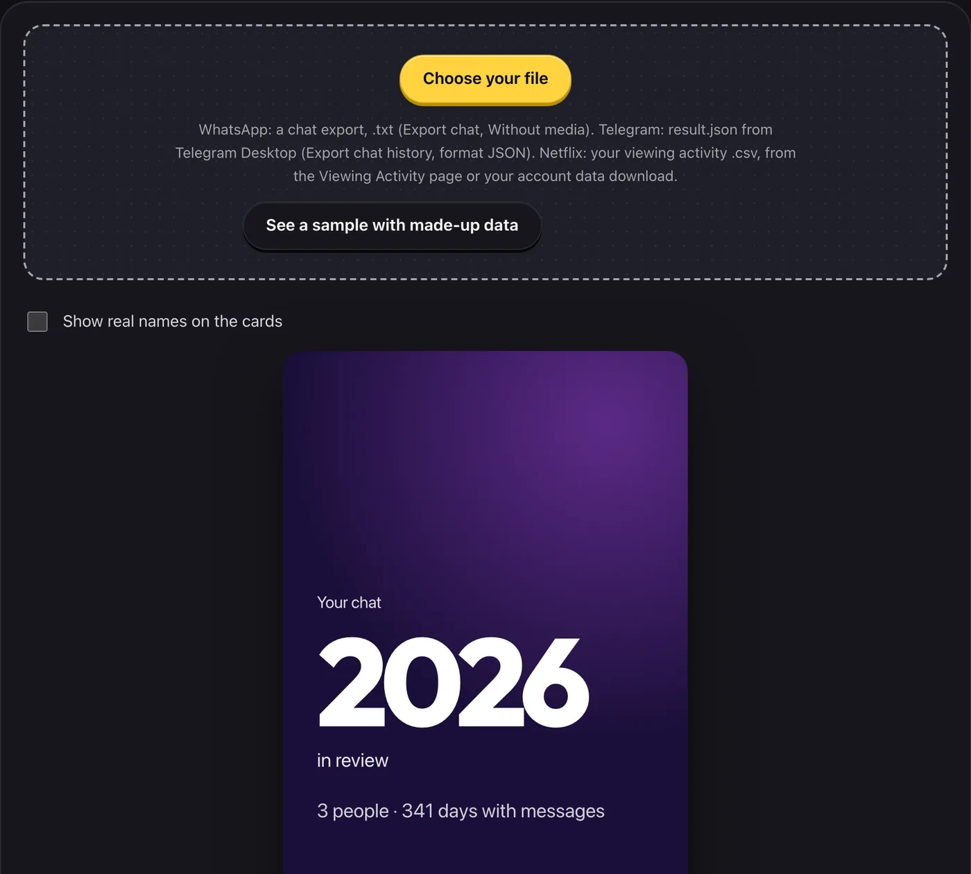 The Year in review cards, with a made-up chat loaded